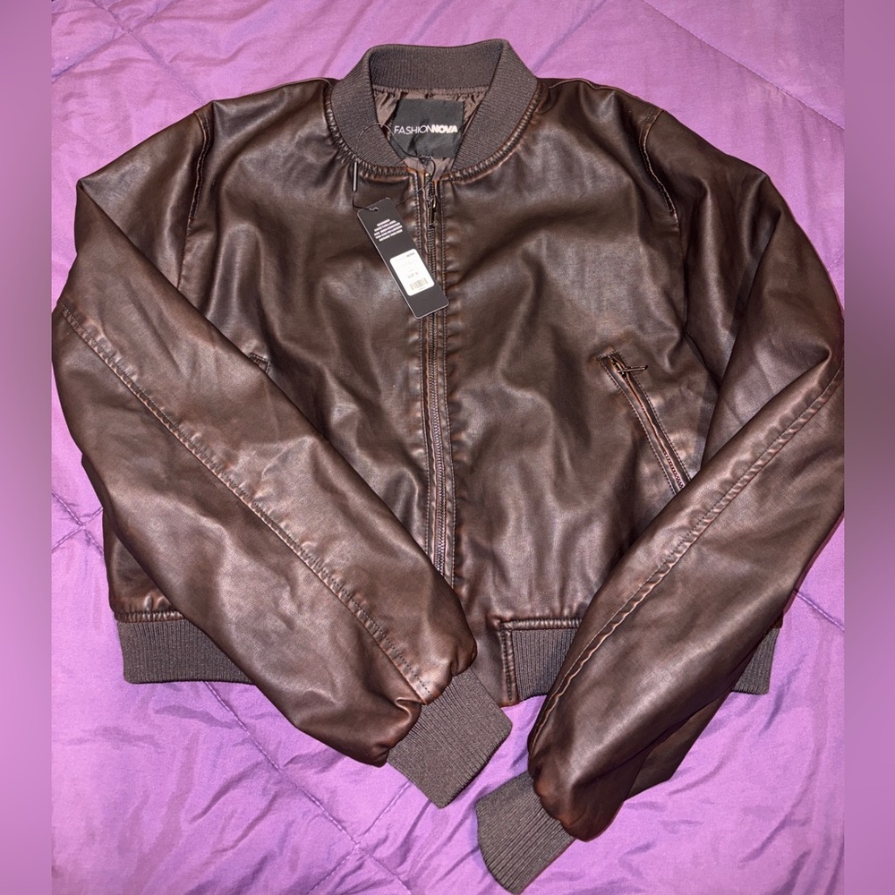 Fashion Nova Faux Leather Bomber Jacket- Rich Chocolate Brown- NWT